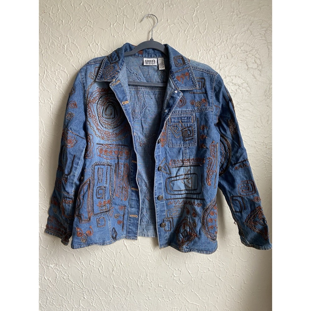 Vintage Chicos Design Denim Jacket Womens Sz M Leather Trim AOP Western Cowgirl